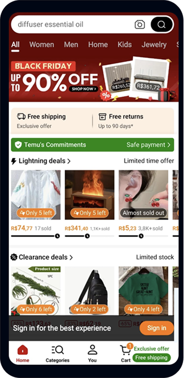 Home mobile da Temu na Black Friday