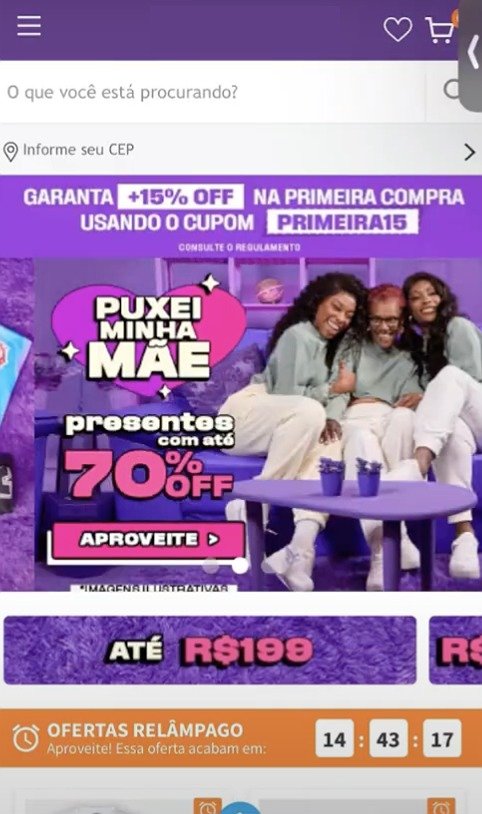 Home atual em mobile, com banner de Dia das Mães, banner de preços e vitrine de ofertas relâmpago