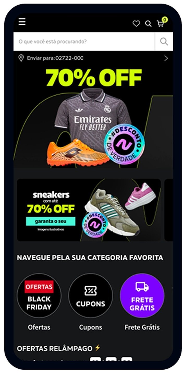 Nova home promocional em mobile, com banner principal de 70% OFF, banner de sneakers e categorias Ofertas, Cupons e Frete Grátis