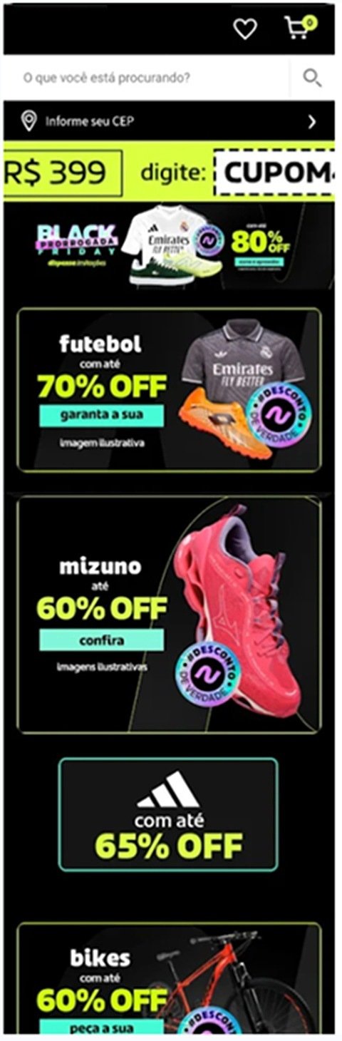 Home da Black Friday de 2024 em mobile: cupom no topo e uma lista longa de banners empilhados