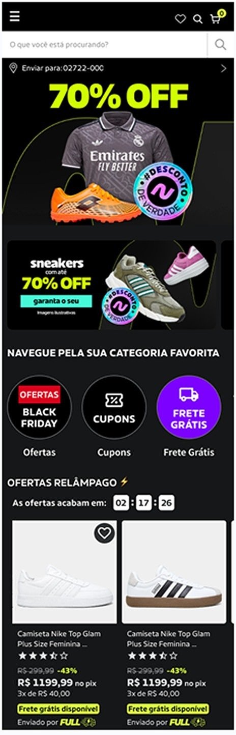 Proposta de home em mobile: banner principal, categorias e vitrine de ofertas relâmpago