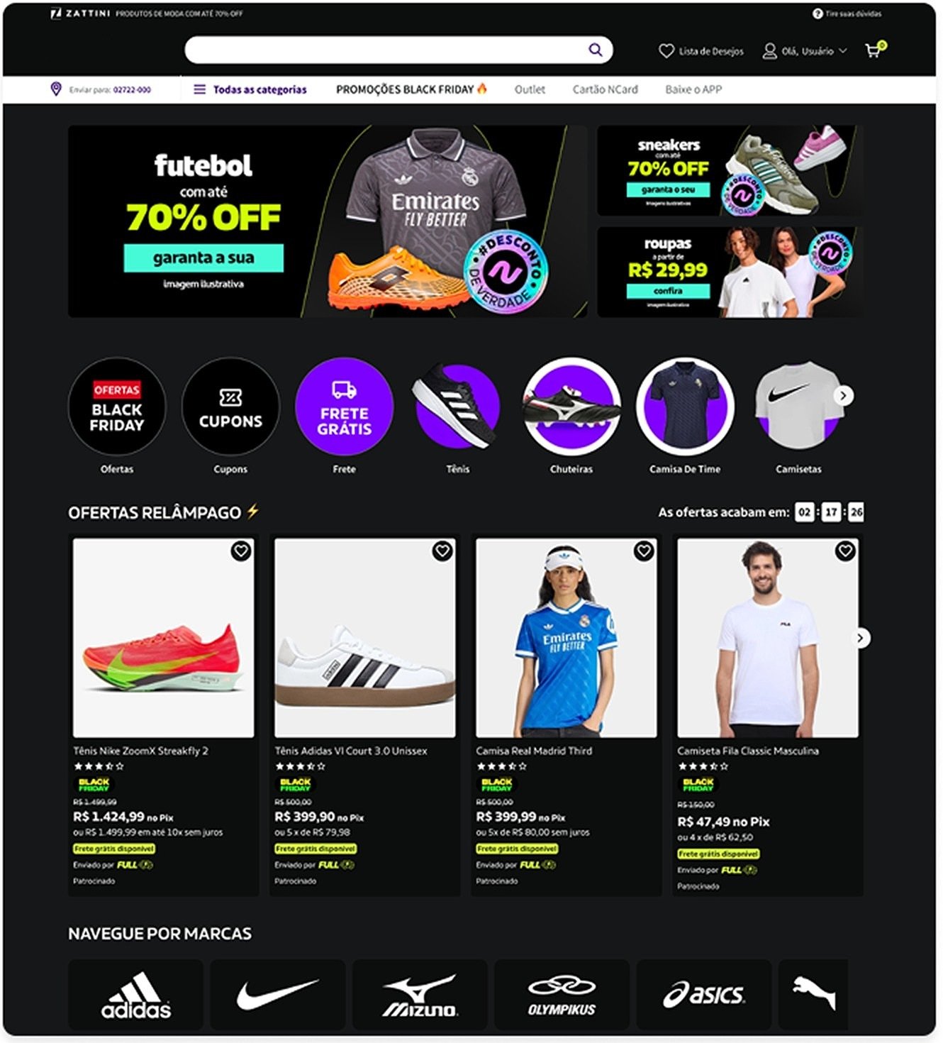 Proposta da home em desktop, com vitrine de ofertas relâmpago e navegação por marcas
