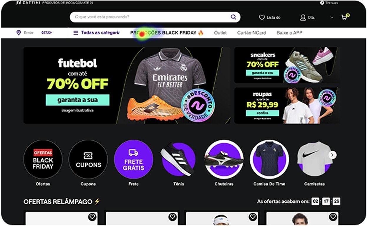 Mapa de calor do teste em desktop, com cliques concentrados no item Promoções Black Friday do header