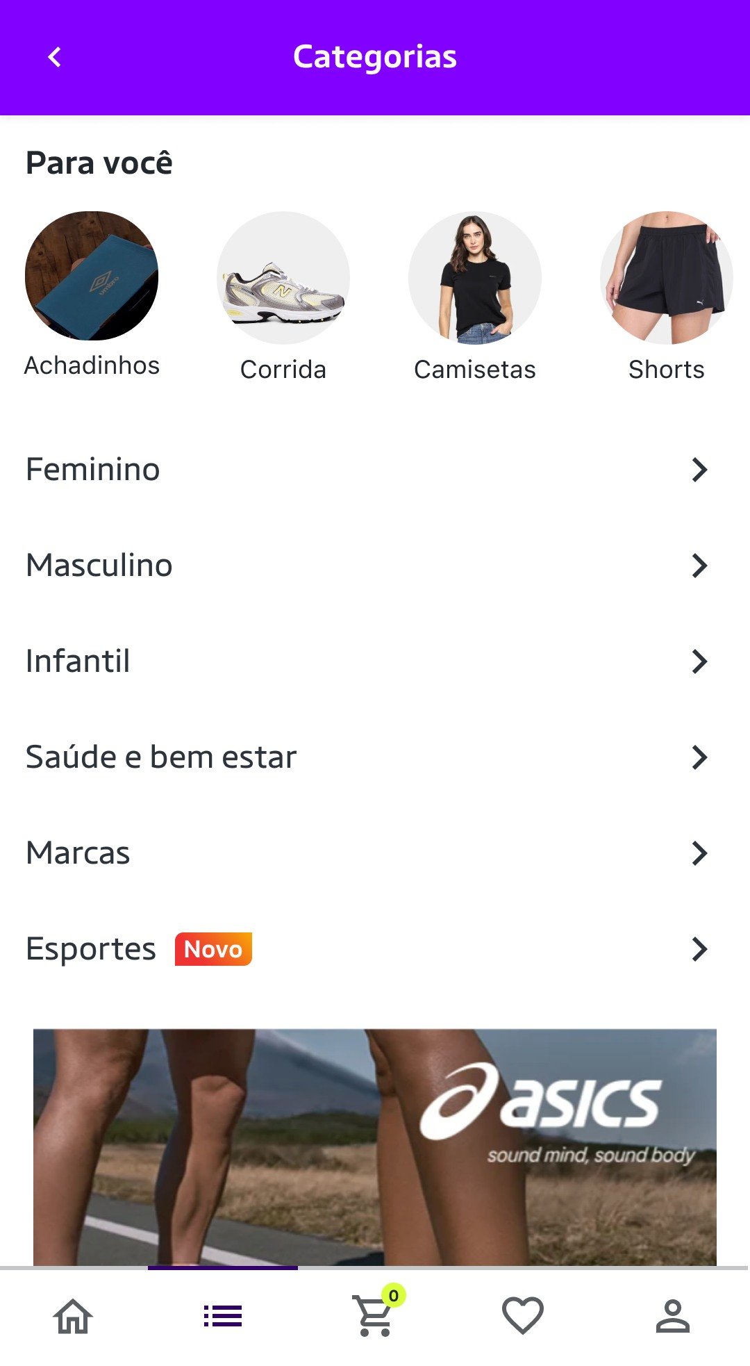 Tela de categorias no app, com atalhos Para você e lista de categorias