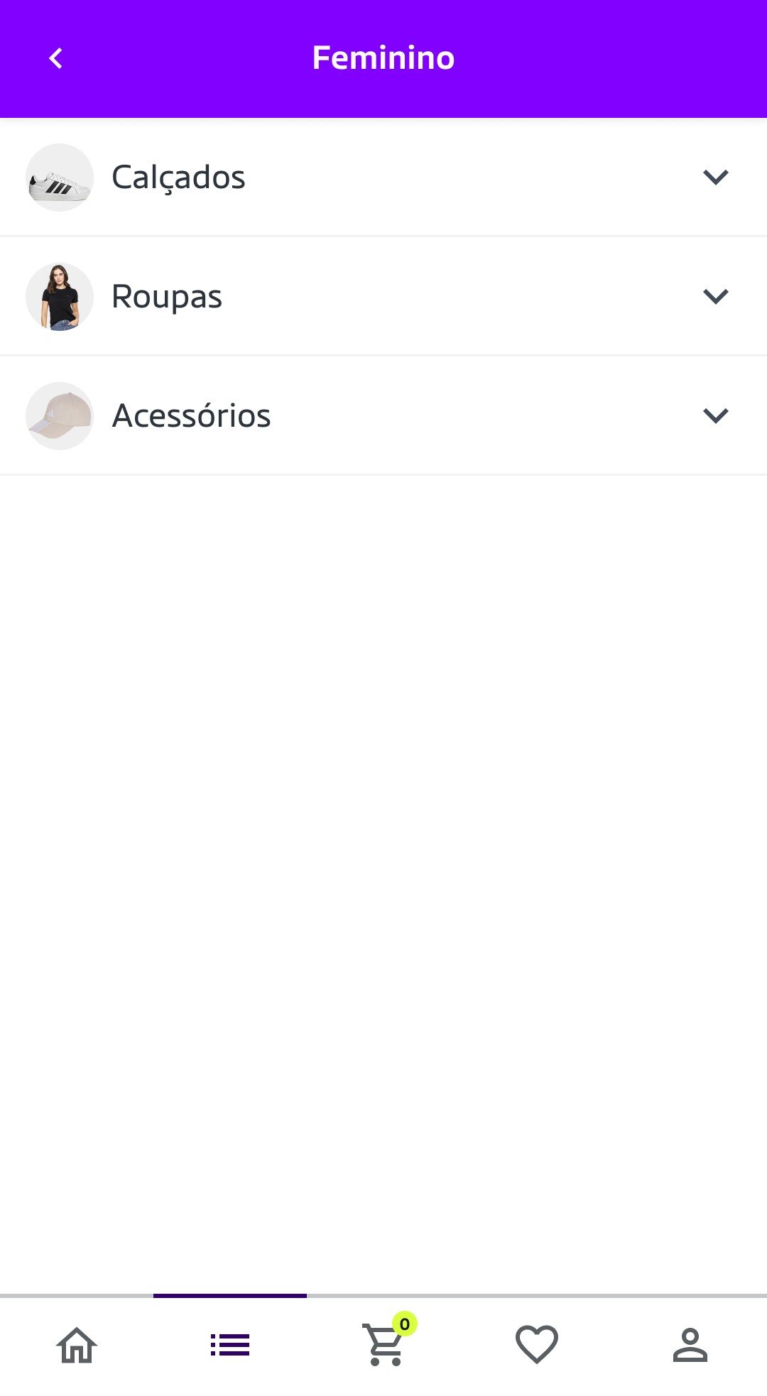 Tela da categoria Feminino no app, com Calçados, Roupas e Acessórios