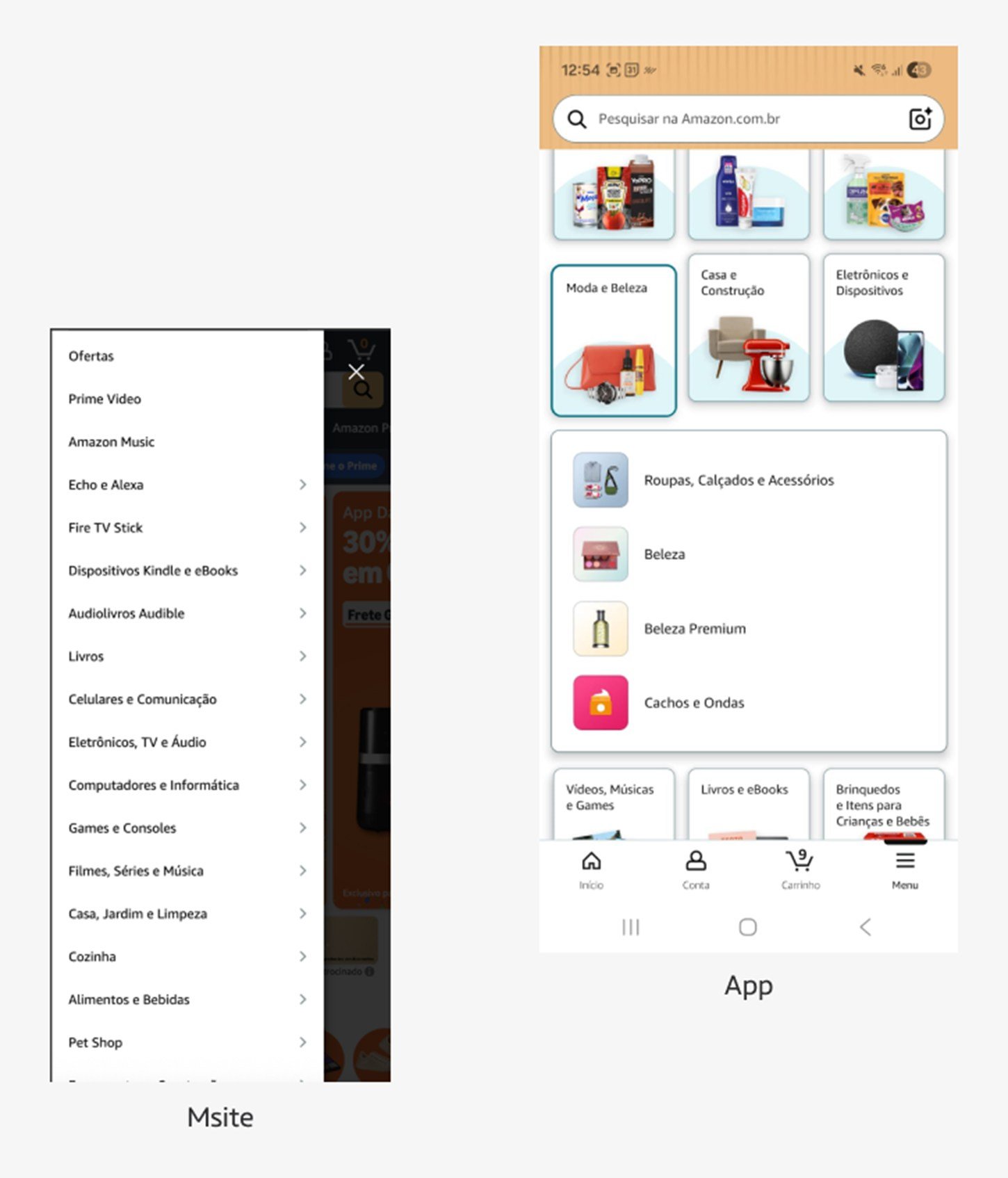 Menu lateral da Amazon no msite e telas de categorias no app
