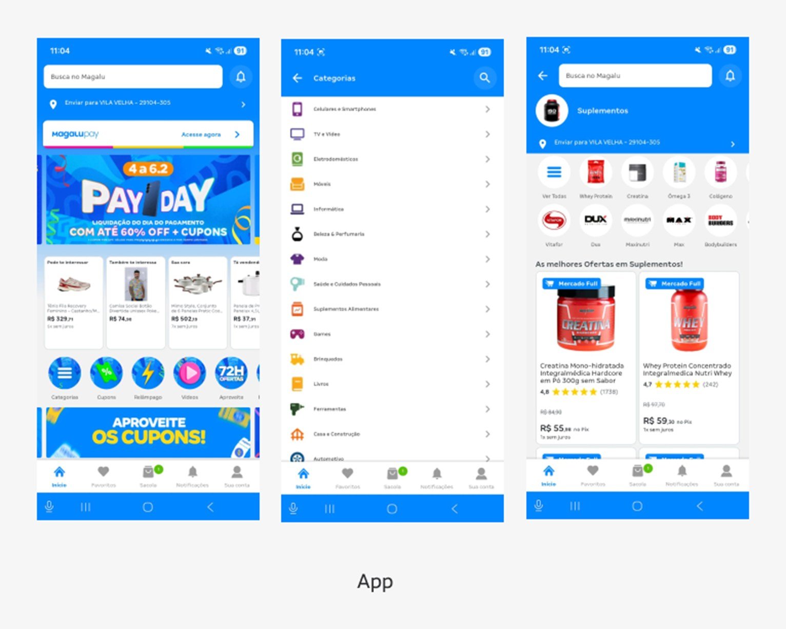 Telas do app da Magalu: home, lista de categorias e página de uma categoria com filtros