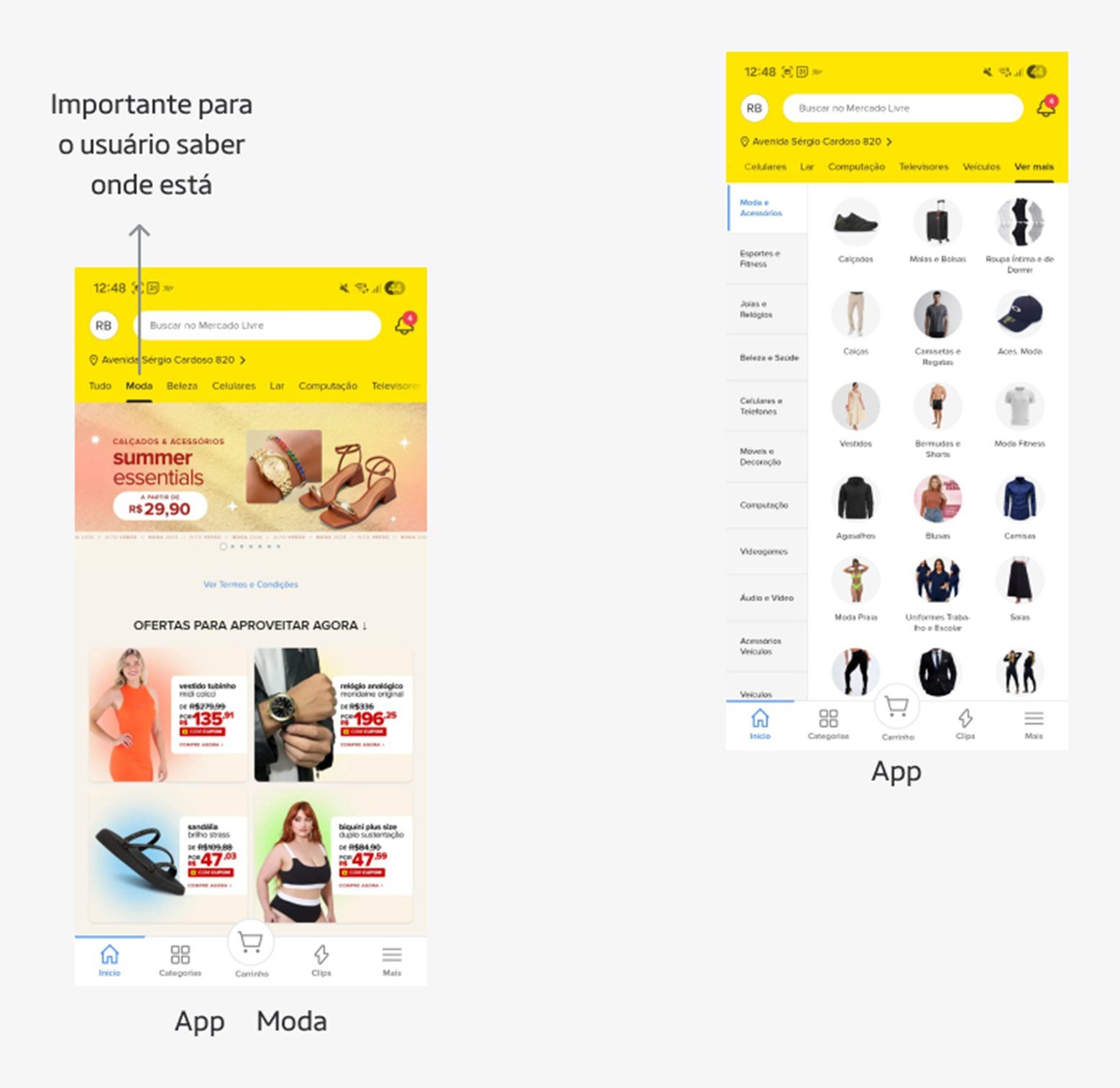Menu do Mercado Livre no app e no msite, com categorias organizadas em abas e imagens