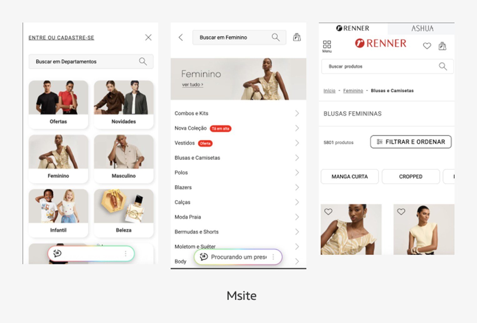 Menu da Renner no msite, com categorias em cards, lista de subcategorias e PLP com filtros