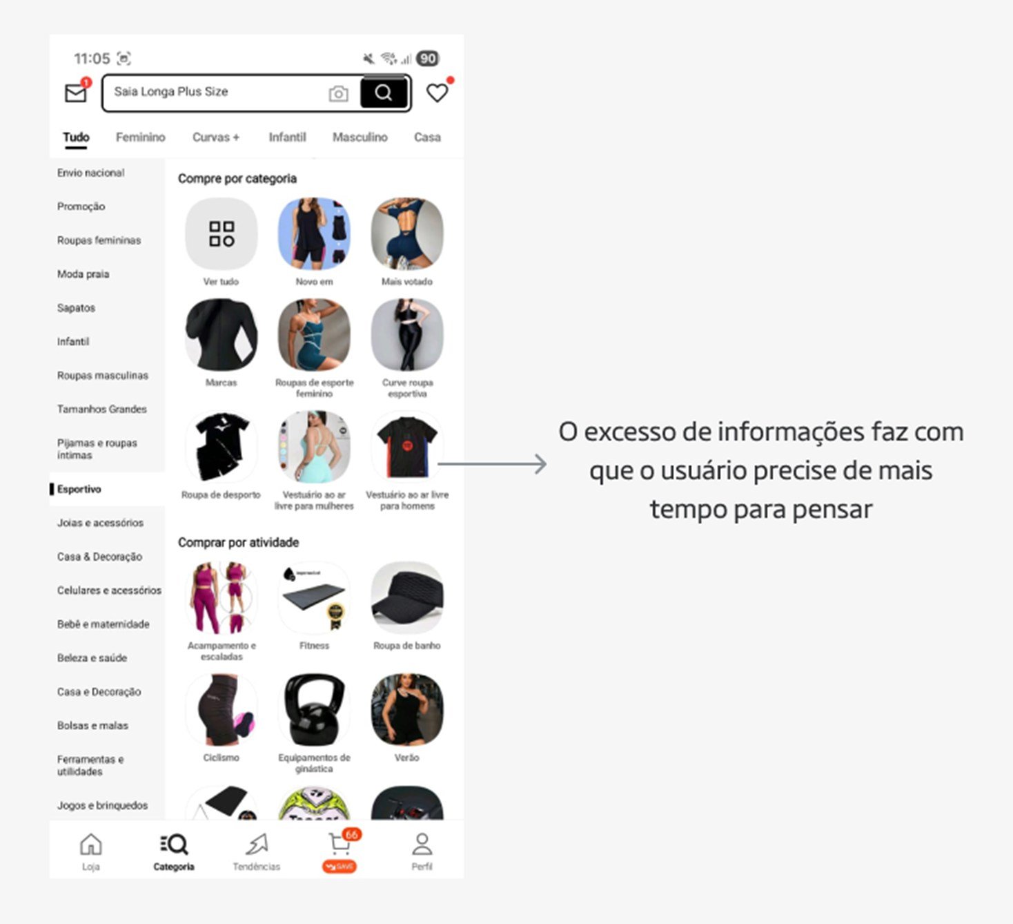 Tela de categorias da Shein no app, com muitas opções, imagens e filtros