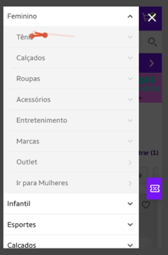 Gravação de sessão: usuária tentou navegar por Feminino e Tênis, mas abriu um accordion em vez da lista de produtos