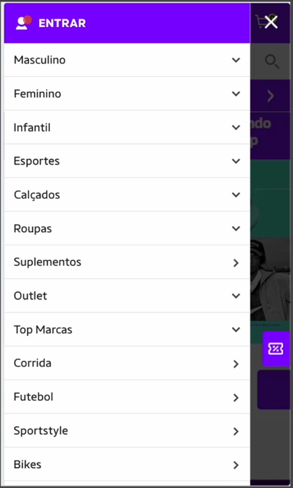 Gravação de sessão: usuário abriu o menu mobile cheio de categorias e desistiu para usar a busca
