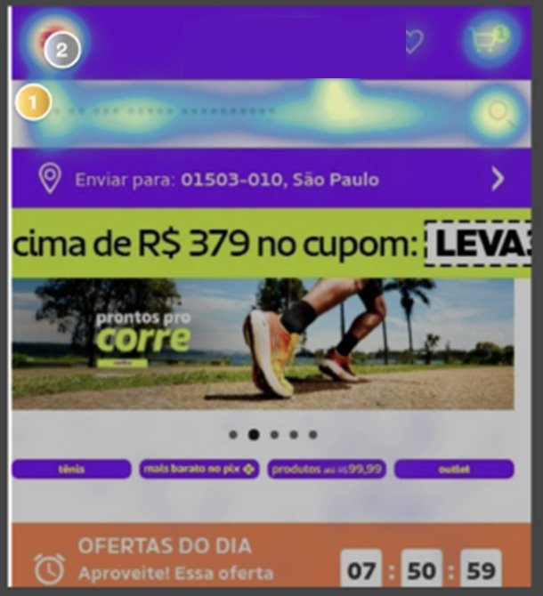 Mapa de calor da home em mobile, com cliques concentrados na barra de busca e quase nenhum no ícone do menu