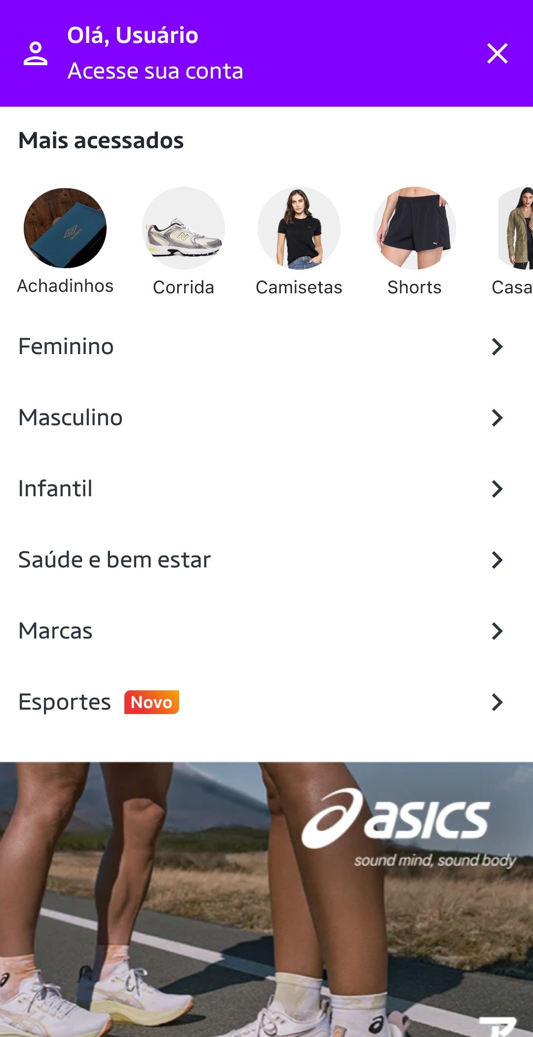 Menu de categorias em mobile, com atalhos Mais acessados e lista de categorias