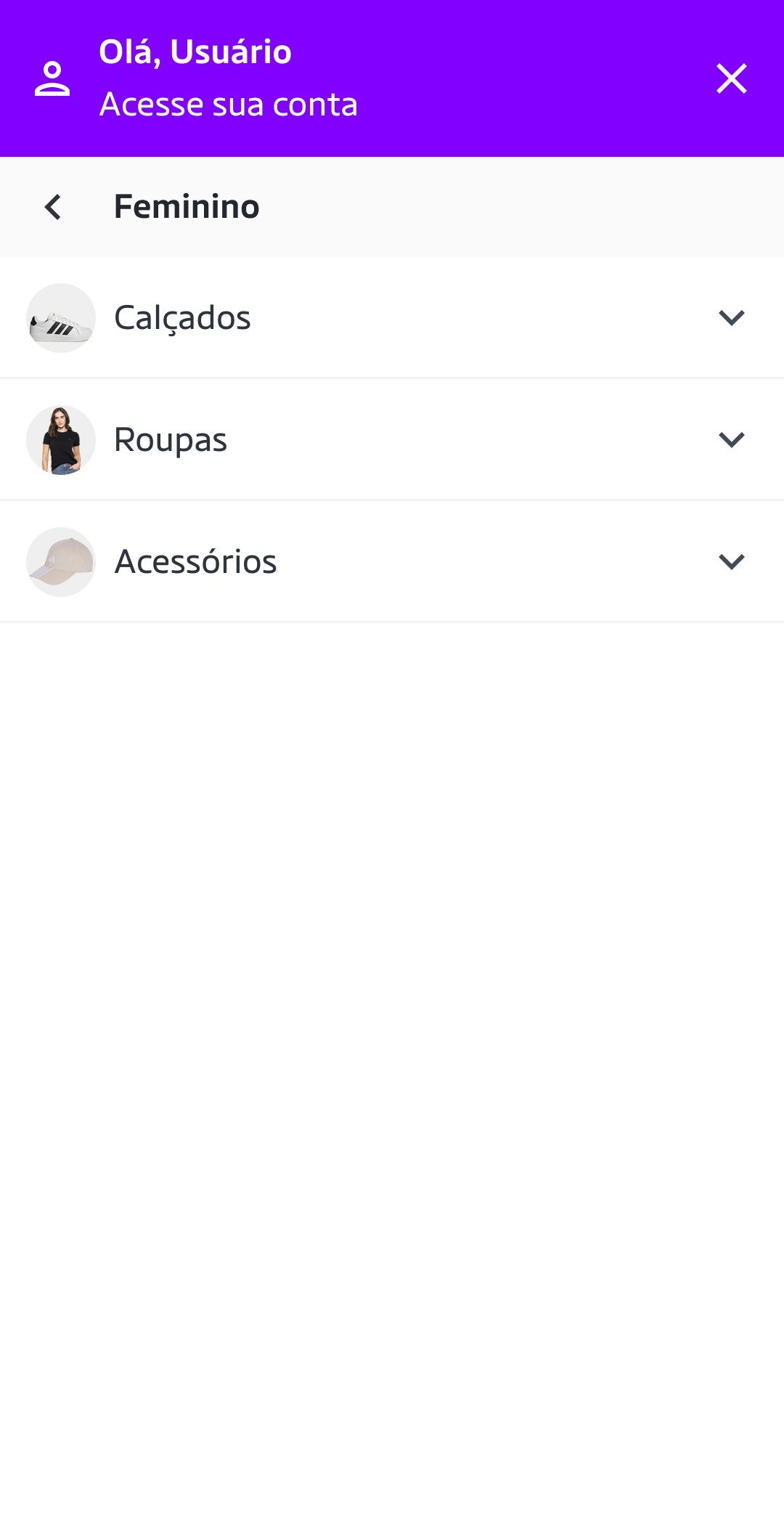 Menu no msite, nível 2: Feminino com Calçados, Roupas e Acessórios