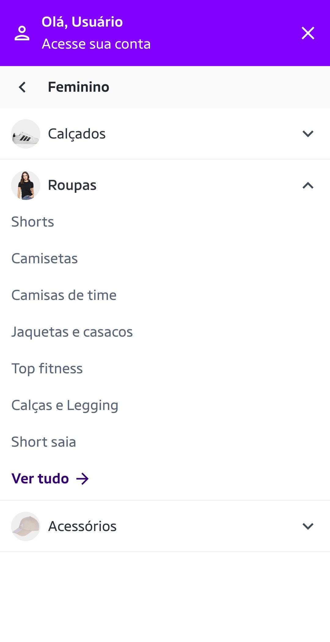 Menu no msite com as subcategorias de Roupas expandidas