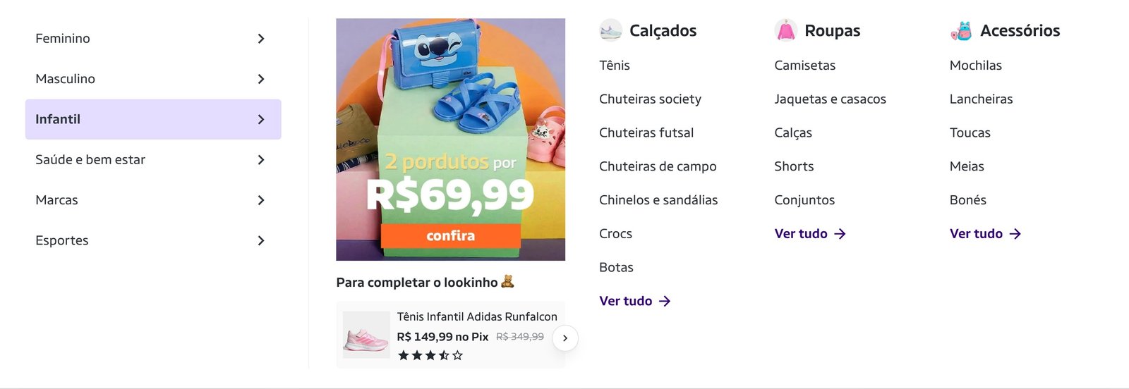 Menu Infantil em desktop: banner ocupando o espaço-chave, com sugestão para completar o look