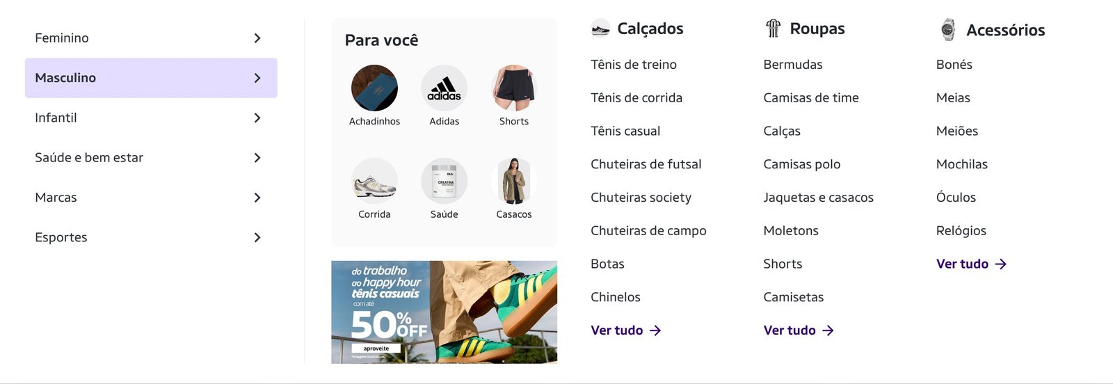 Menu Masculino em desktop: espaço-chave com Para você e banner, e subcategorias de Calçados, Roupas e Acessórios